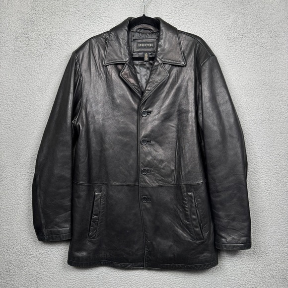 Structure Other - VINTAGE Structure Leather Jacket Mens Medium‎ Black Mid Length Button Soft Y2K
